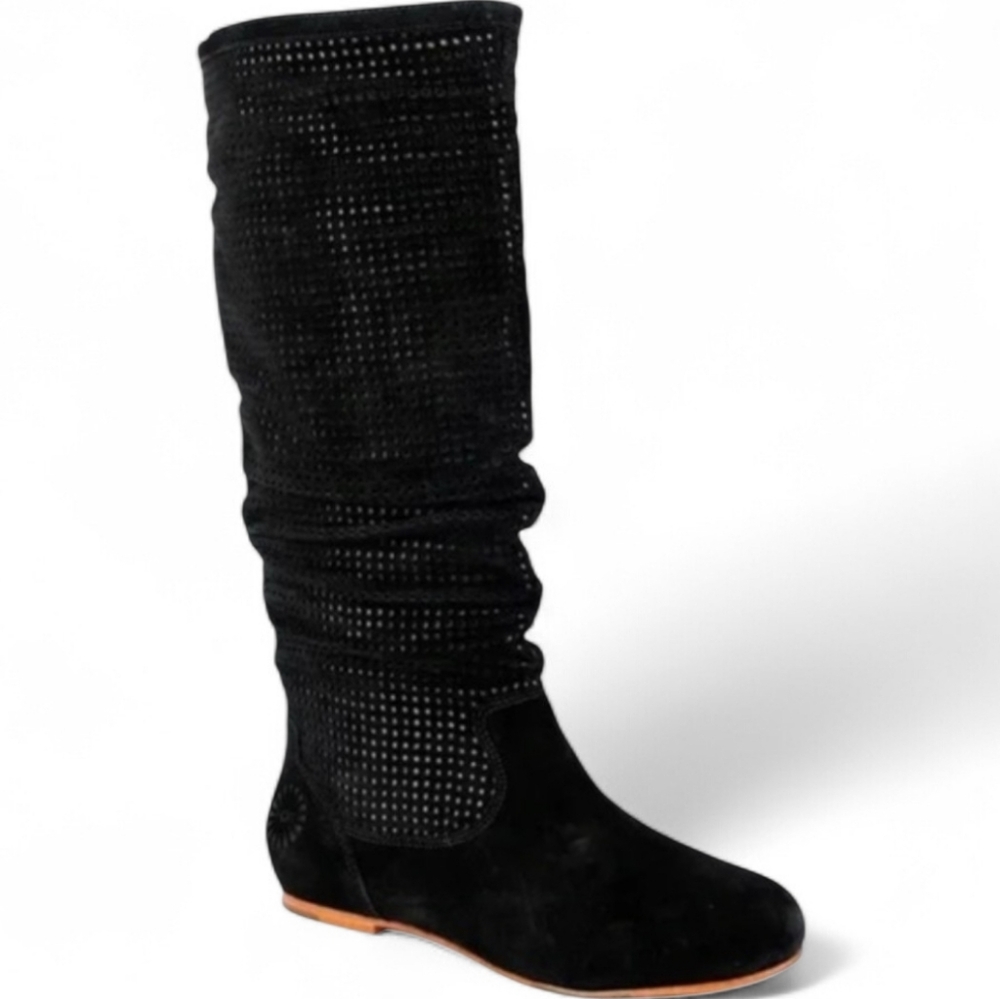 Ugg Abilene Black Suede Perforated Tall Slouchy Knee-High Pull On Boot Sheepskin